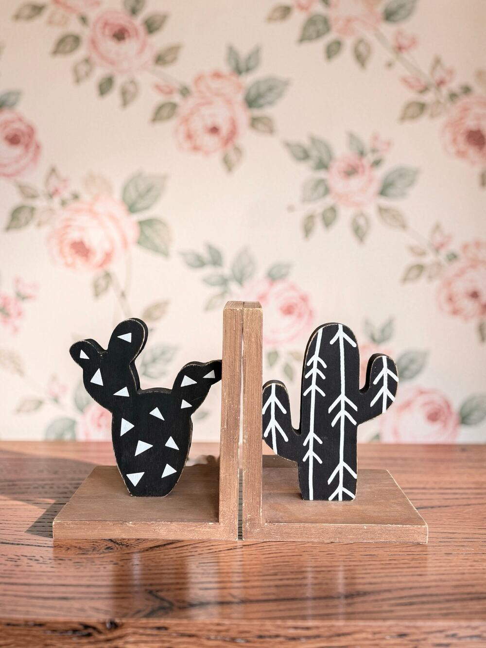 Wood Cactus Bookends Set of 2 Black White Southwestern Boho Desert Decor